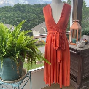 Deep V Neck Rusty Orange Midi Dress